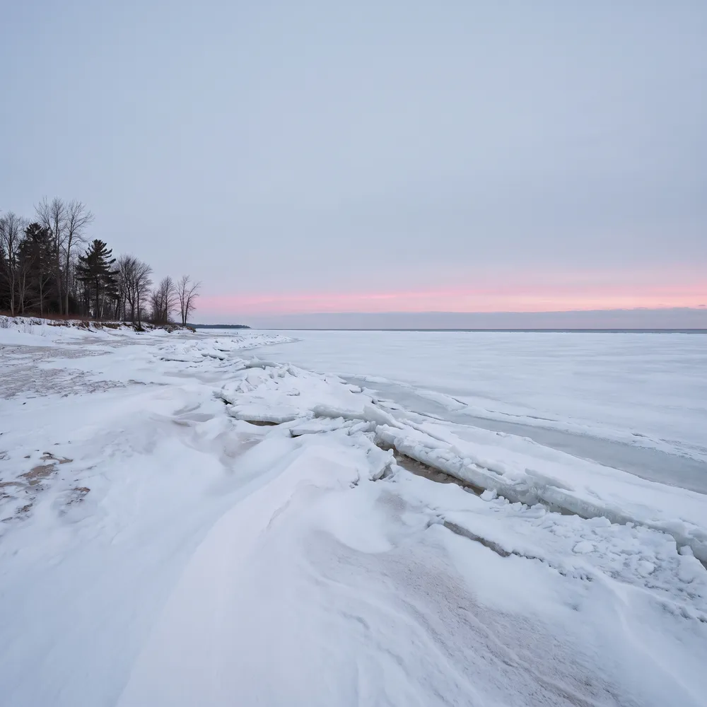 Generated scene: a snow-covered beach at blue hour, ridges of broken lake ice along the shore, a frozen bay to the horizon and bare trees with pines on the left.