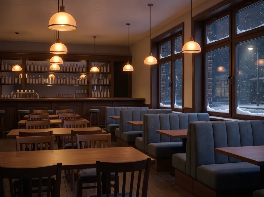 Generated scene: an empty pub interior in the evening with wooden tables, slate-blue booths, a bar with unlabelled bottles and windows onto a snowy night.